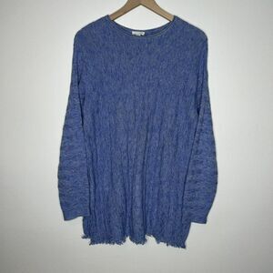 J Jill Blue Tunic Sweater Dress Fringe Hem Button Back M
